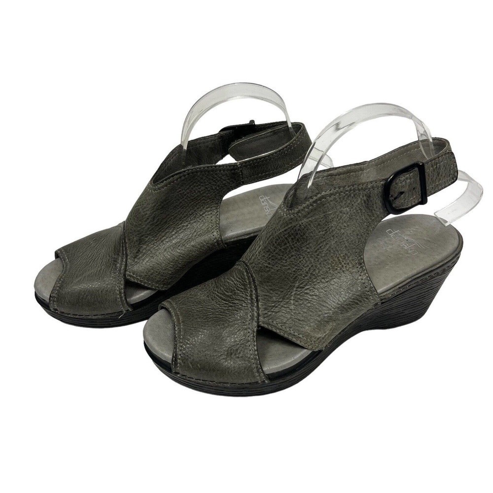 Dansko Vanda Stone Grey Leather Open Toe Wedge Sandals Size 39 US 8.5-9